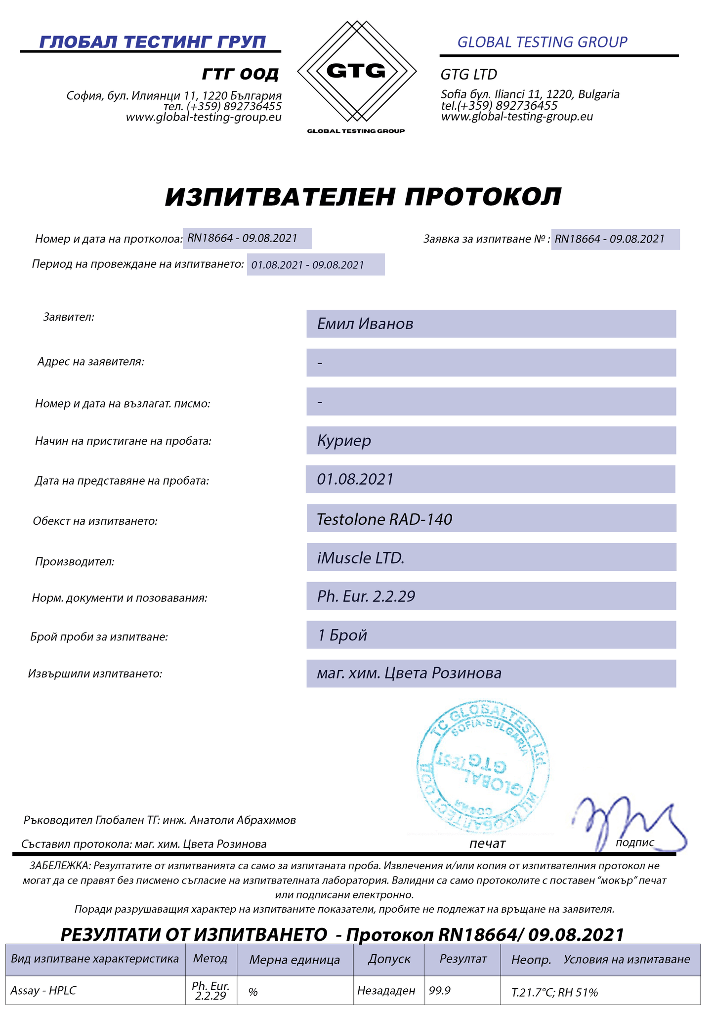 SARM Testolone quality certificate